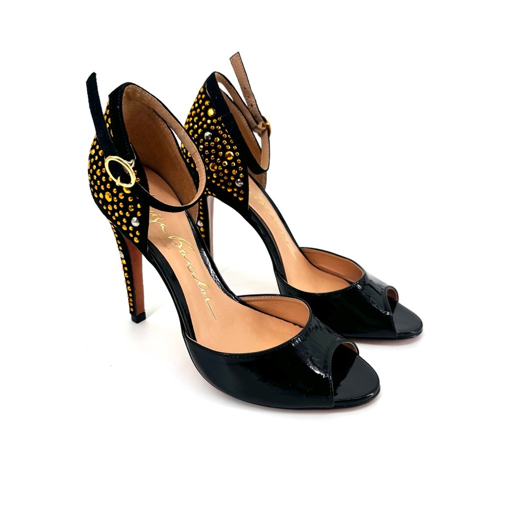 Luiza Barcelos Chic Black and Gold Studded Ankle Strap Heels Size 6